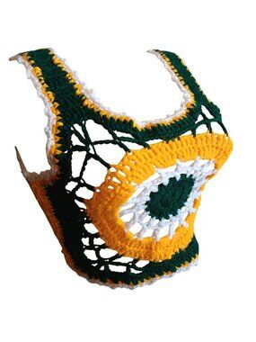 True Vintage Small Crop Top 1of1 Crochet Halter Green Yellow White 70's Hippy